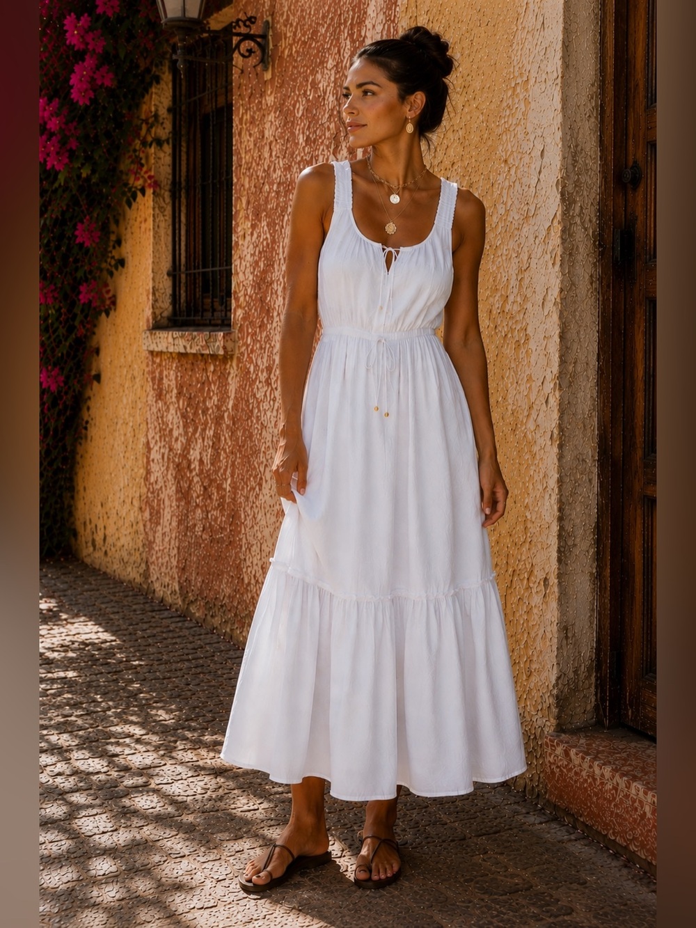 NWT Zara White Cotton Panel Midi Dress Beaded Waist and Collar Drawstring